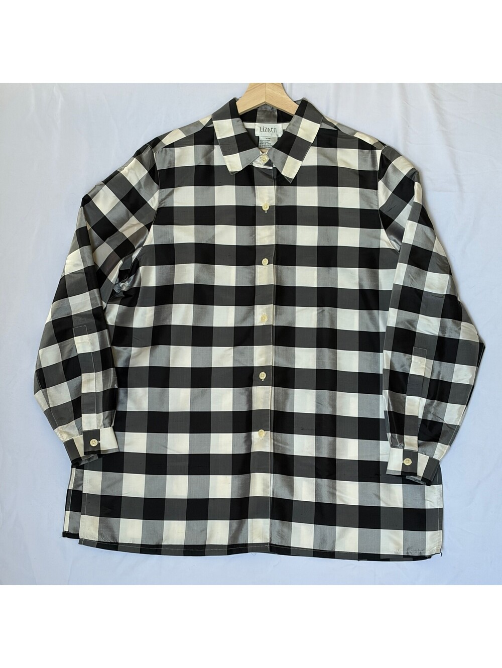 Silk Top Black White Grey Plaid Boxy Button Up